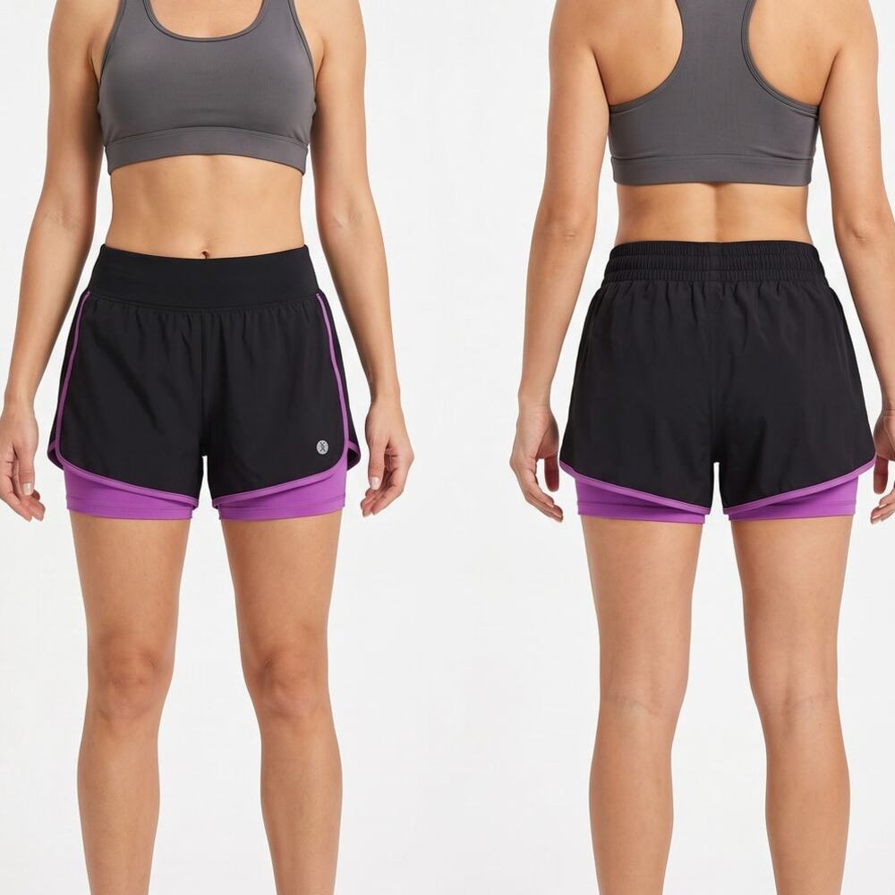 Layer 8 Medium Shorts Double Layerr Color Block Running Shorts Black Purple